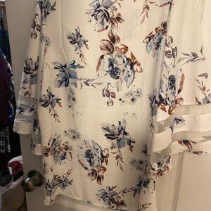 White blouse with blue & brown flowers Size M